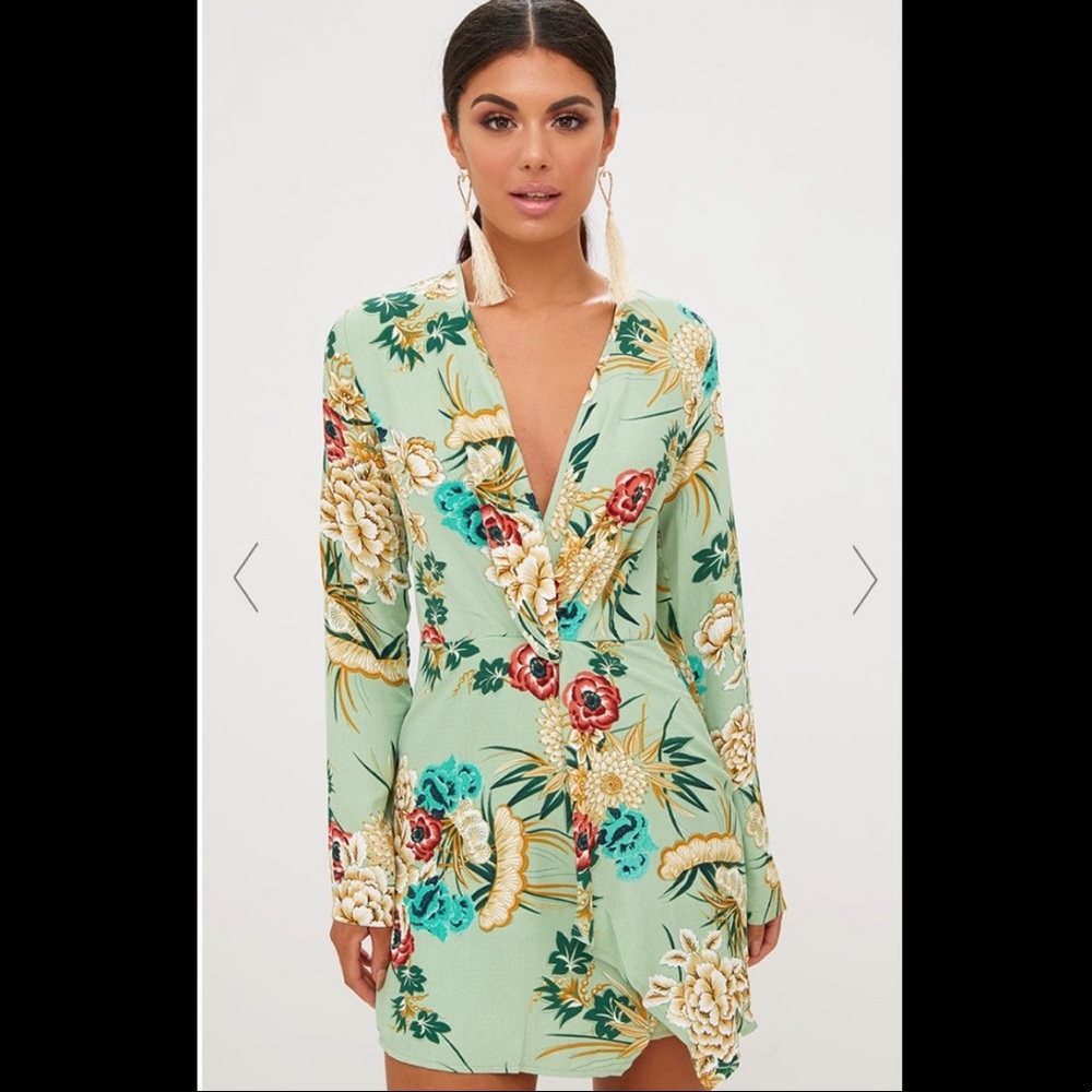 Satin Floral Sea Foam Wrap Dress
